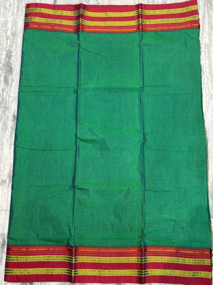 Authentic Pure Gadwal Silk Saree in Emerald Green with Contrasting Red Zari Border & Rich Striped Pallu - pochampallysarees.com