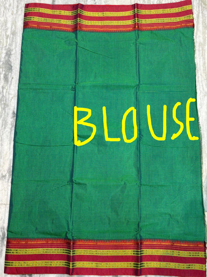 Authentic Pure Gadwal Silk Saree in Emerald Green with Contrasting Red Zari Border & Rich Striped Pallu - pochampallysarees.com