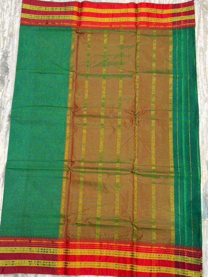 Authentic Pure Gadwal Silk Saree in Emerald Green with Contrasting Red Zari Border & Rich Striped Pallu - pochampallysarees.com