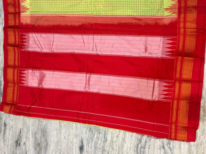 Pure Gadwal Silk Saree in Parrot Green & Red | Handloom Zari Checks with Traditional Kuttu Temple Border | Authentic Wedding & Festive Wear - pochampallysarees.com