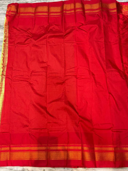 Pure Gadwal Silk Saree in Parrot Green & Red | Handloom Zari Checks with Traditional Kuttu Temple Border | Authentic Wedding & Festive Wear - pochampallysarees.com