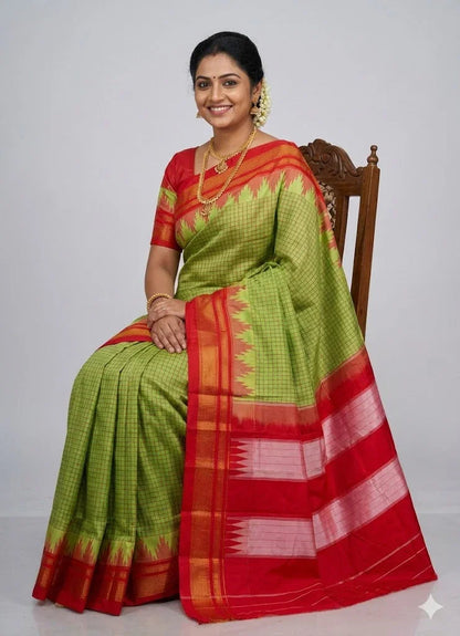 Pure Gadwal Silk Saree in Parrot Green & Red | Handloom Zari Checks with Traditional Kuttu Temple Border | Authentic Wedding & Festive Wear - pochampallysarees.com