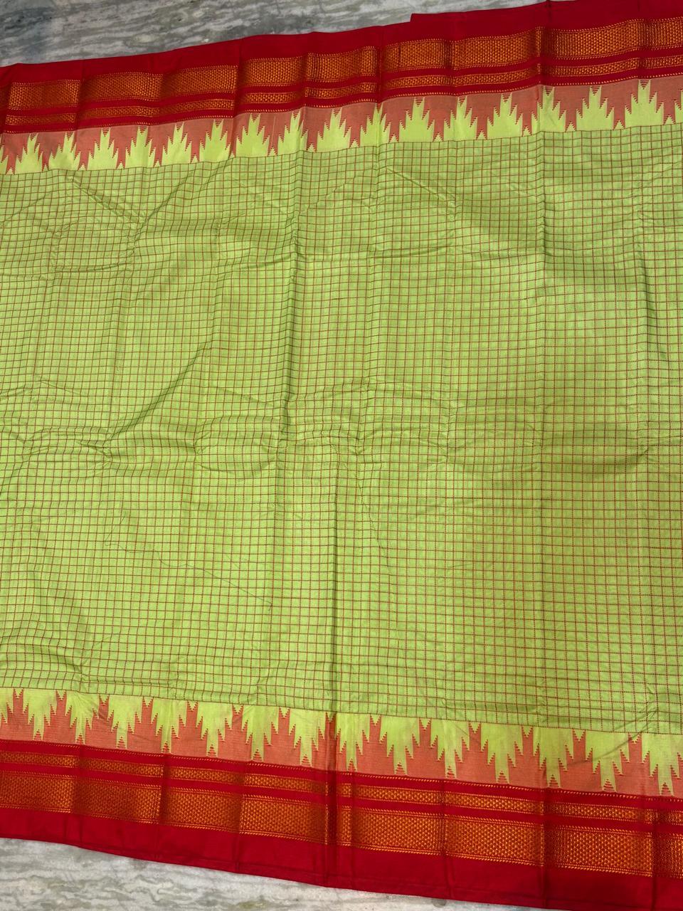 Pure Gadwal Silk Saree in Parrot Green & Red | Handloom Zari Checks with Traditional Kuttu Temple Border | Authentic Wedding & Festive Wear - pochampallysarees.com