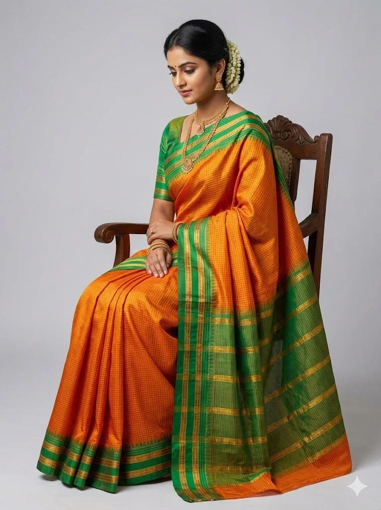 Pure Gadwal Silk Saree in Vibrant Orange with Contrast Green Zari Border & Checkered Pattern - pochampallysarees.com