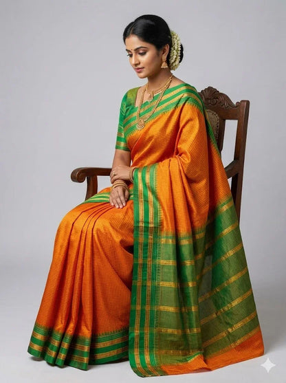 Pure Gadwal Silk Saree in Vibrant Orange with Contrast Green Zari Border & Checkered Pattern - pochampallysarees.com