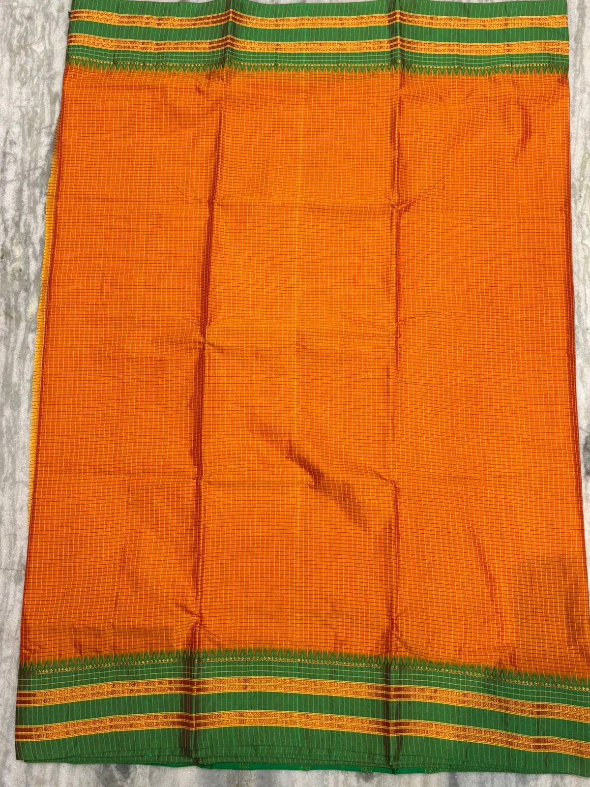 Pure Gadwal Silk Saree in Vibrant Orange with Contrast Green Zari Border & Checkered Pattern - pochampallysarees.com