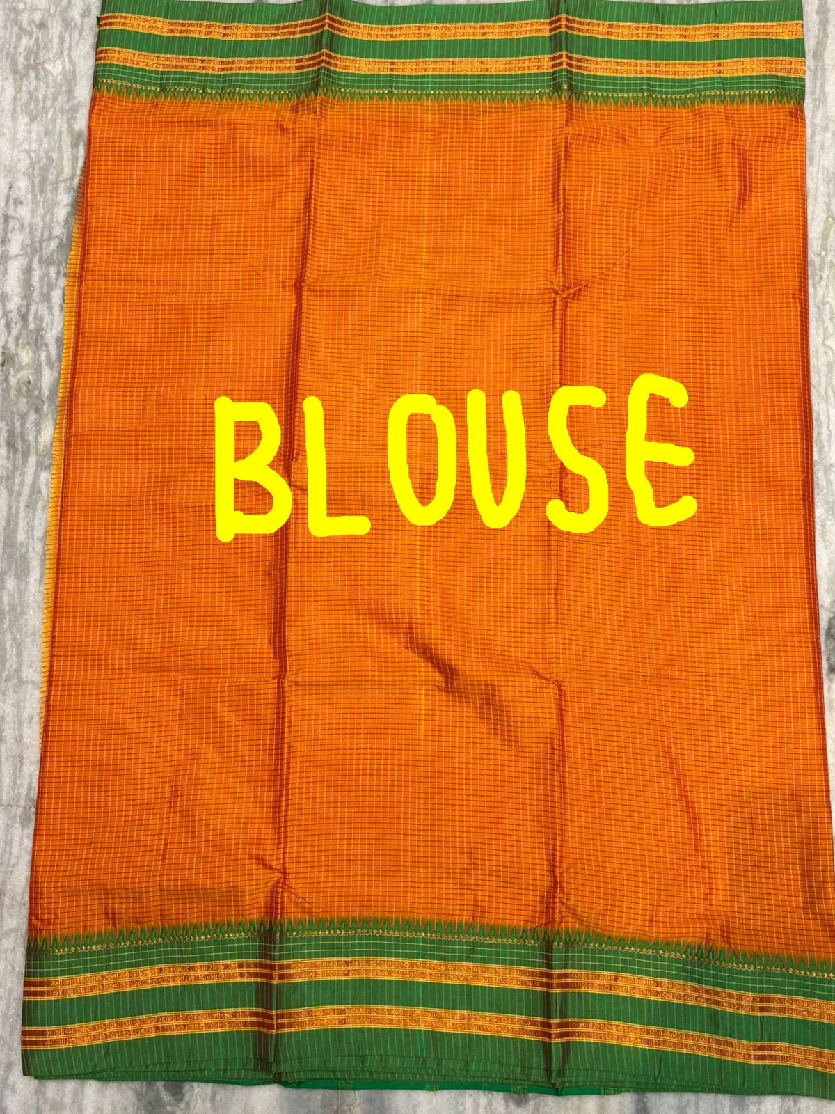 Pure Gadwal Silk Saree in Vibrant Orange with Contrast Green Zari Border & Checkered Pattern - pochampallysarees.com