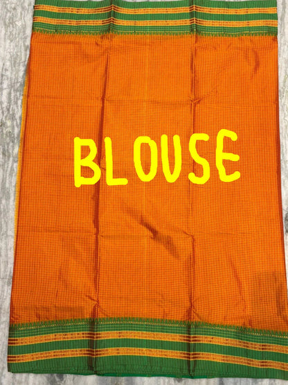 Pure Gadwal Silk Saree in Vibrant Orange with Contrast Green Zari Border & Checkered Pattern - pochampallysarees.com