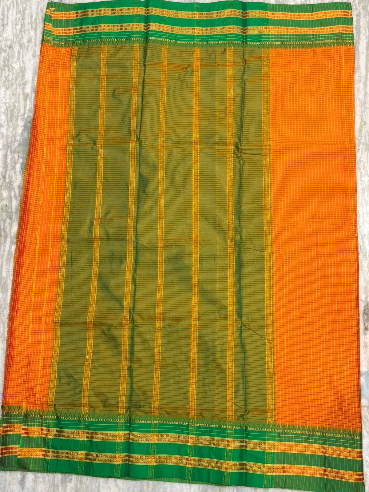 Pure Gadwal Silk Saree in Vibrant Orange with Contrast Green Zari Border & Checkered Pattern - pochampallysarees.com