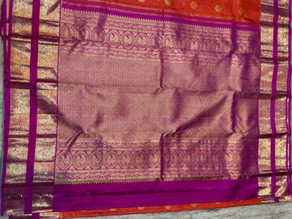 Vibrant Orange Pure Kanchi Pattu Saree with Magenta Gold Zari Border | Traditional Wedding Silk - pochampallysarees.com
