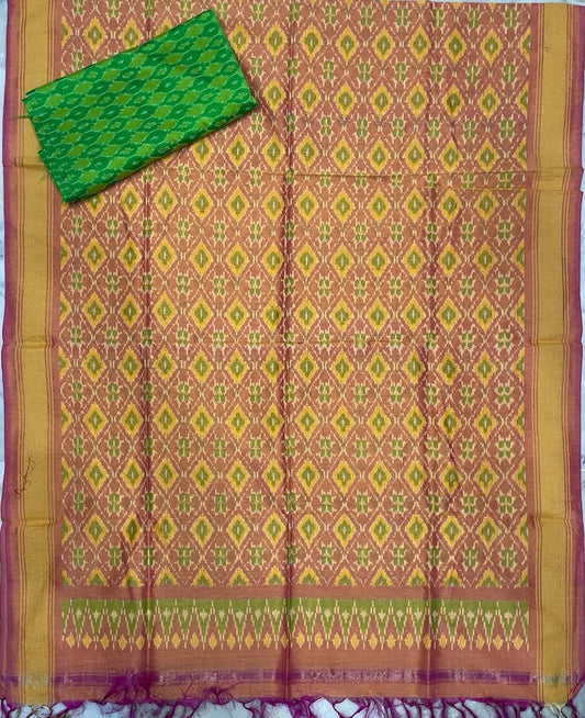 ikkat sico dress materials Yellow Green Color - pochampallysarees.com