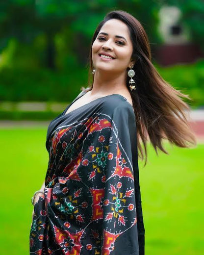 Ikkat Silk Black Saree - pochampallysarees.com