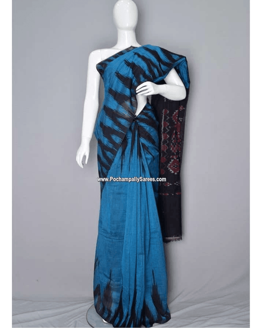 IKKAT TEMPLE BLUE COLOUR - pochampallysarees.com