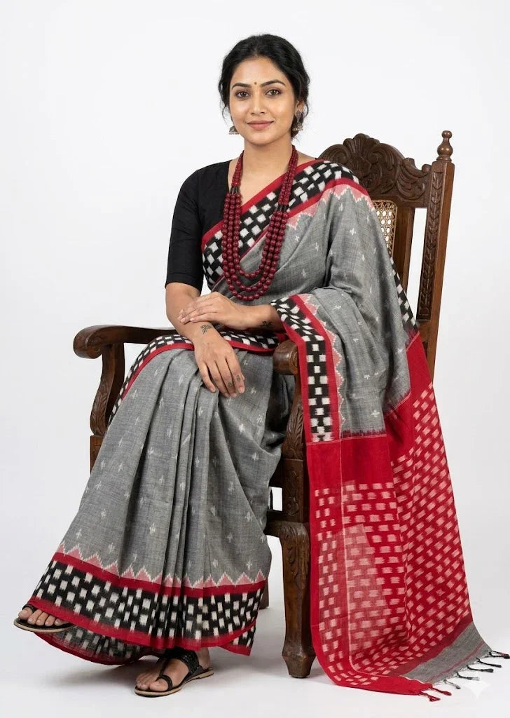 Elegant Grey & Red Pure Double Ikat Cotton Saree | Traditional Handwoven Ethnic Wear - pochampallysarees.com