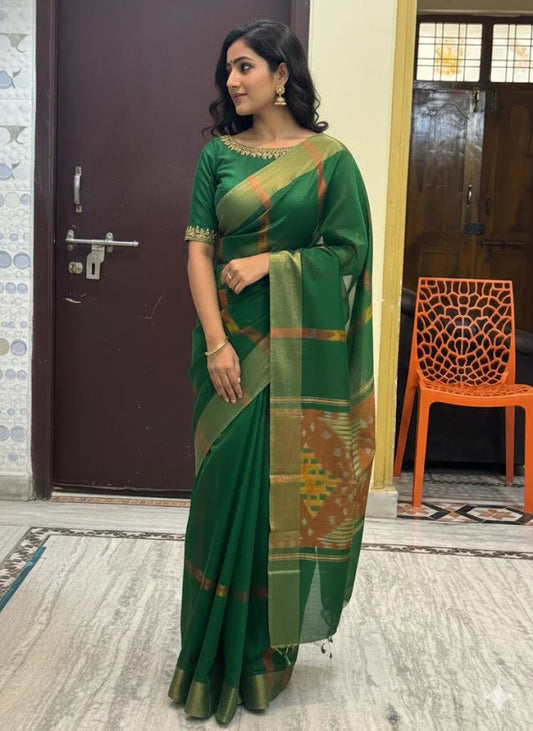 POCHAMPALLY IKKAT SICO GREEN SARI - pochampallysarees.com