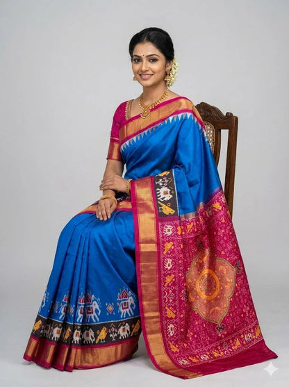 Pure Ikkat Silk Saree - Royal Blue & Magenta | Traditional Pochampally Handloom with Elephant & Bird Motifs | Festive Wedding Pattu Saree - pochampallysarees.com
