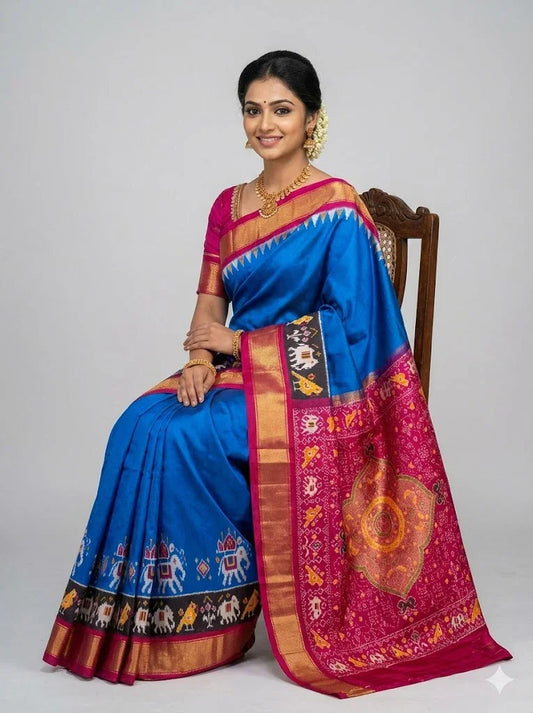 Pure Ikkat Silk Saree - Royal Blue & Magenta | Traditional Pochampally Handloom with Elephant & Bird Motifs | Festive Wedding Pattu Saree - pochampallysarees.com