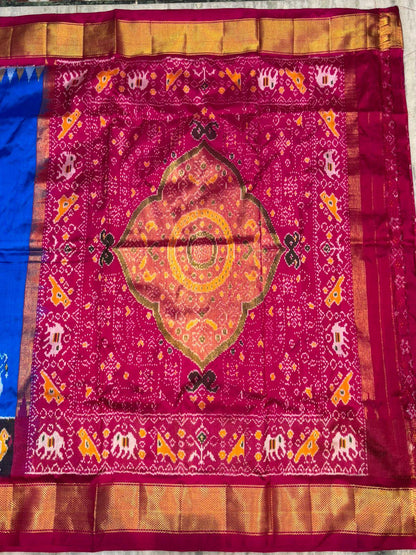 Pure Ikkat Silk Saree - Royal Blue & Magenta | Traditional Pochampally Handloom with Elephant & Bird Motifs | Festive Wedding Pattu Saree - pochampallysarees.com