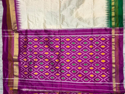 Pure Ikkat Silk Saree in Cream with Dual Contrast Green & Magenta Temple Border | Traditional Festive Wear - pochampallysarees.com