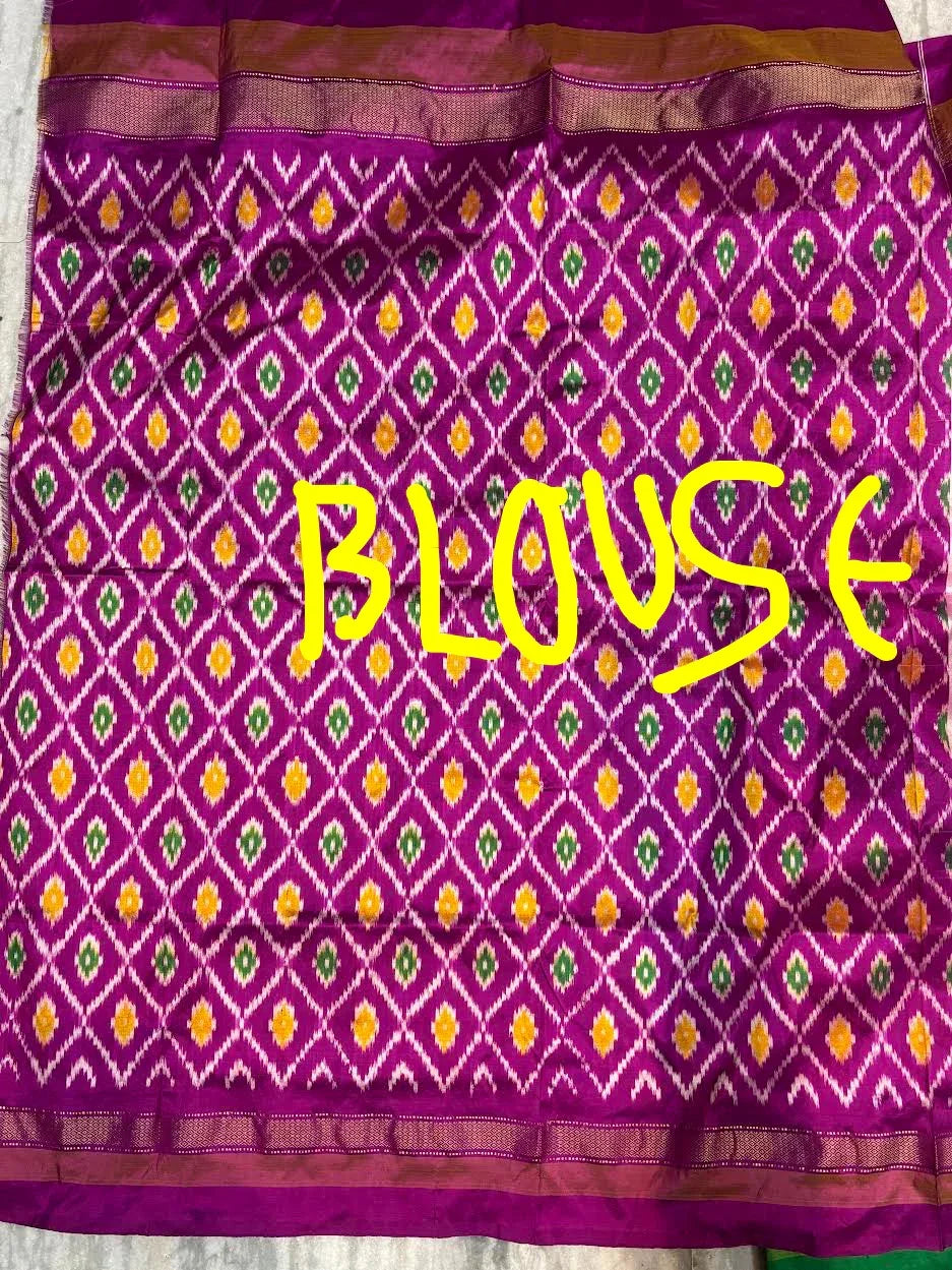 Pure Ikkat Silk Saree in Cream with Dual Contrast Green & Magenta Temple Border | Traditional Festive Wear - pochampallysarees.com