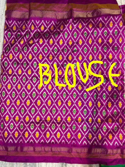 Pure Ikkat Silk Saree in Cream with Dual Contrast Green & Magenta Temple Border | Traditional Festive Wear - pochampallysarees.com