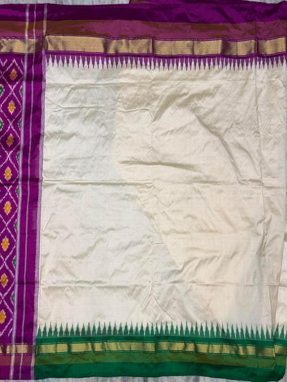 Pure Ikkat Silk Saree in Cream with Dual Contrast Green & Magenta Temple Border | Traditional Festive Wear - pochampallysarees.com