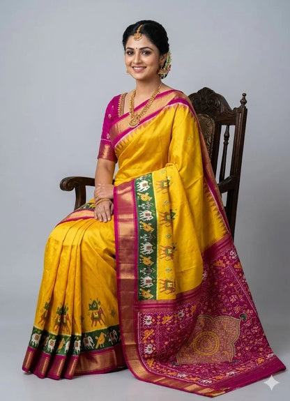 Authentic Yellow & Magenta Pure Pochampally Ikkat Silk Saree with Royal Elephant Motifs & Zari Border | Handloom Wedding Pattu Saree - pochampallysarees.com