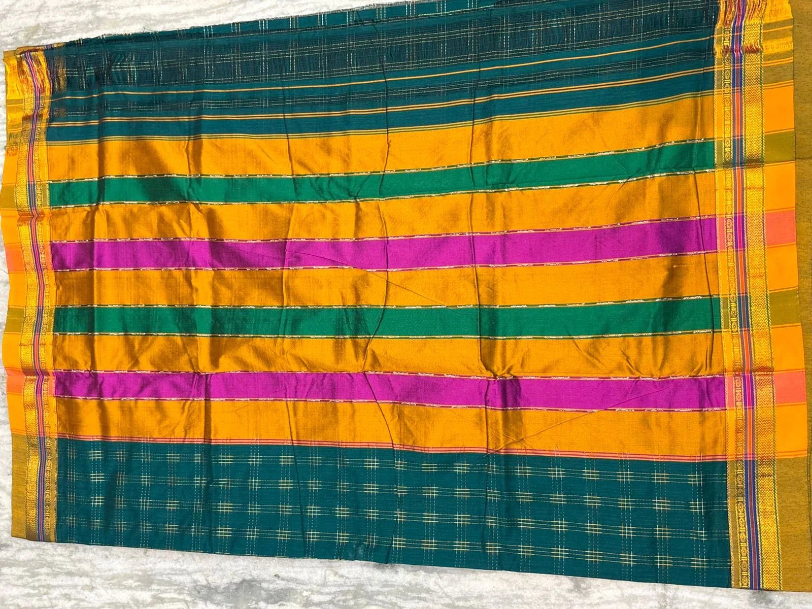 Traditional Deep Green Kuppadam Pattu Silk Saree with Gold Zari Checks & Vibrant Striped Pallu - pochampallysarees.com