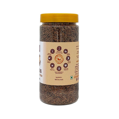 Nature’s Trunk flax seeds jar showing nutrition benefits, premium quality flax seeds ideal as healthy seeds for eating