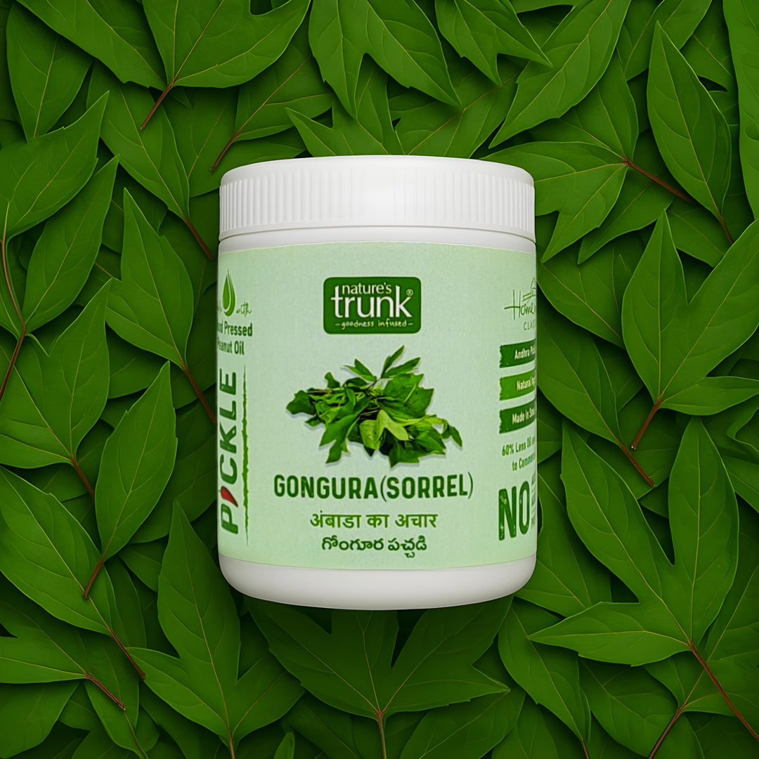 Nature’s Trunk gongura pickle jar made from fresh sorrel leaves, authentic Andhra style homemade gongura pickle