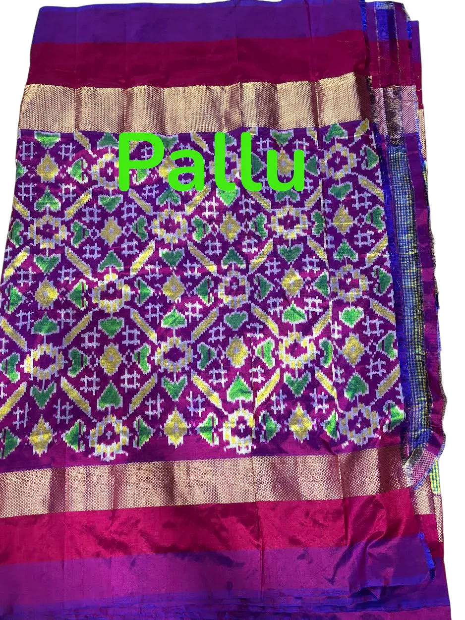 POCHAMPALLY IKKAT SILK BODY GREEN AND YELLOW CHECKS BORDER PURPLE AND PALLU AND BLOUSE IKKAT DESIGN PURPLE SARI - pochampallysarees.com