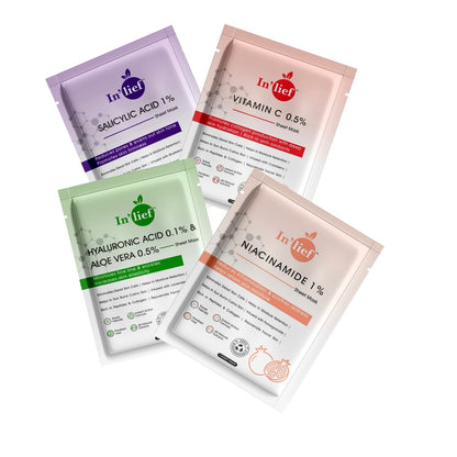 In'Lief Sheet Mask Pack of 4 - 25ml | Vitamic C | Hyaluronic Acid | Niacinamide | Salicylic Acid | Rich in Peptides & Collagen
