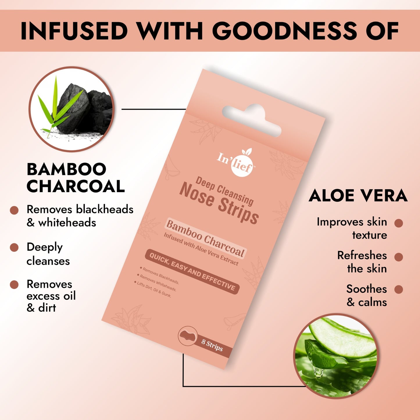 Deep Cleansing Nose Strips | Bamboo Charcoal | Blackhead & Whitehead Remover with Aloe Vera (Pack of 8)