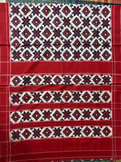 POCHAMPALLY DOUBLE IKKAT COTTON BODY WHITE BORDER AND PALLU RED SAREE - pochampallysarees.com
