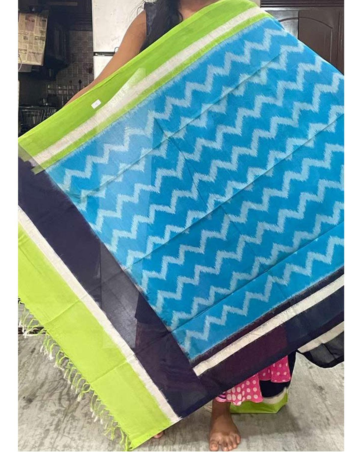 POCHAMPALLY IKAT COTTON ANANDA BLUE WITH GREEN COLOR DUPATTA-C3 - pochampallysarees.com