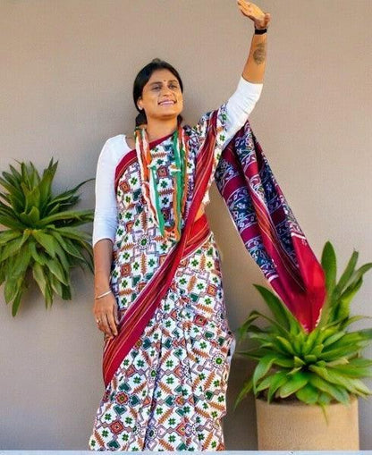 Pochampally Ikat Patan Patola White Maroon Saree - pochampallysarees.com
