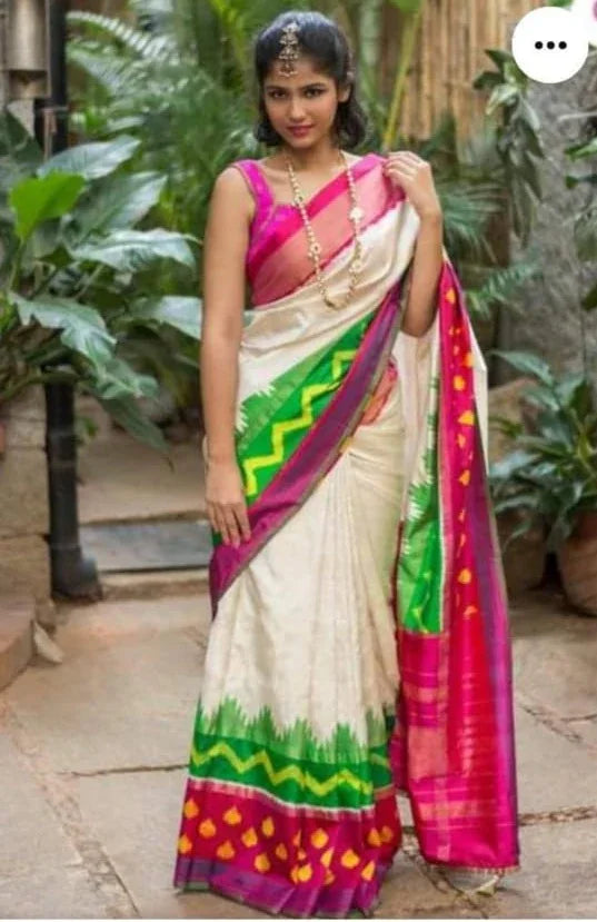 POCHAMPALLY IKAT SILK CREAM SARI - pochampallysarees.com