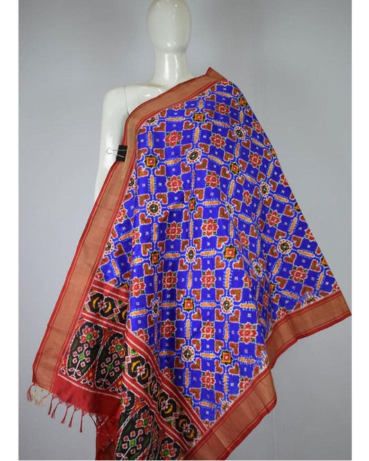 POCHAMPALLY IKAT SILK DOUBLE IKAT PATOLA ROYAL BLUE COLOR DUPATTA - pochampallysarees.com
