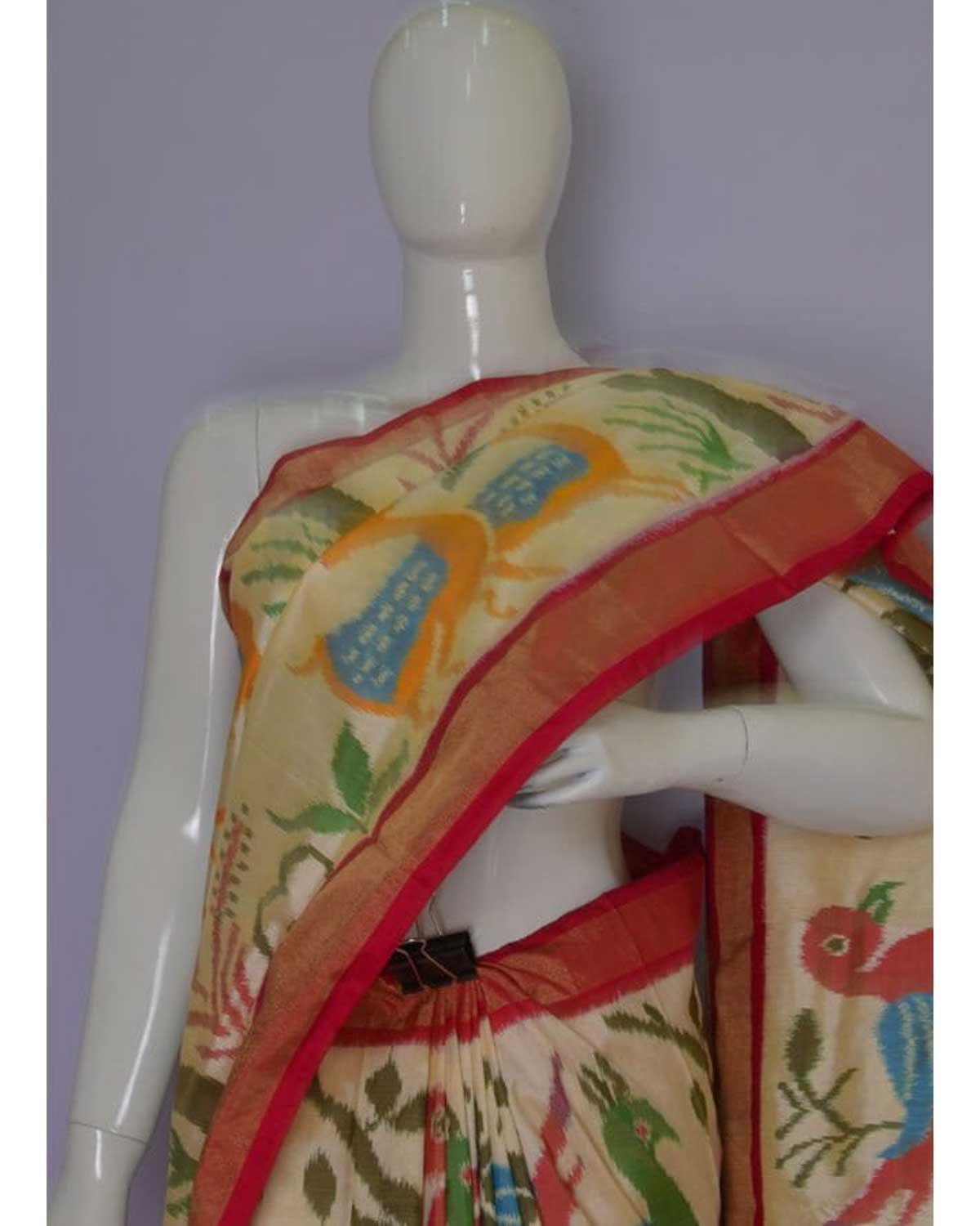 POCHAMPALLY IKKAT DESIGNER CREAM COLOR SAREE - pochampallysarees.com