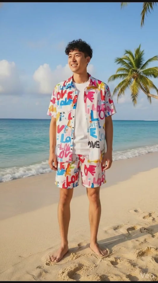 Men's Casual Summer Shirt Set Heart English Two-piece Co-ord Set