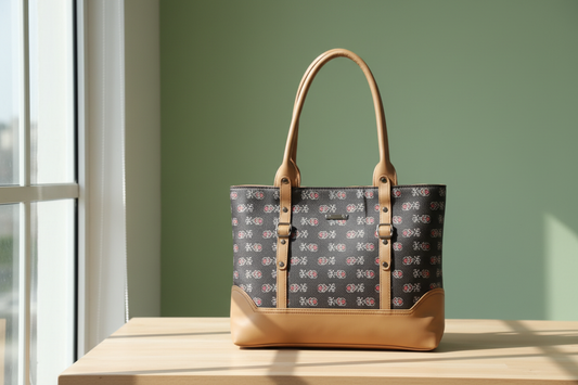 Professional catalogue image of patterned tote bag in Pinterest-style setting