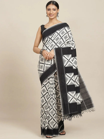 PURE COTTON BLACK AND WHITE IKKAT SAMANTA SAREE - pochampallysarees.com