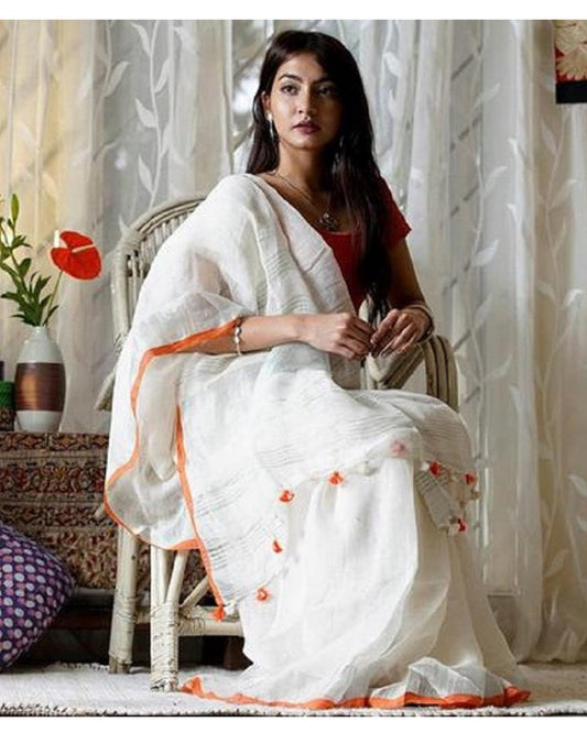 PURE LINEN WHITE COLOR SAREE - pochampallysarees.com