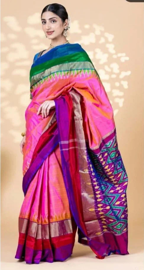 Pure Pochampally Ikkat Silk Light Pink Purple Sari - pochampallysarees.com