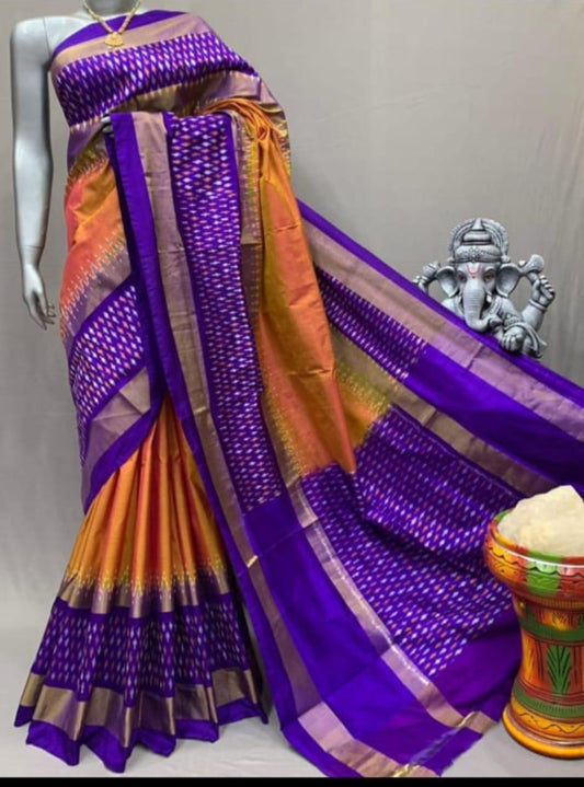 Pure Pochampally Ikkat Silk Mixed Yellow Body Blue Pallu Same Pallu As Blouse - pochampallysarees.com