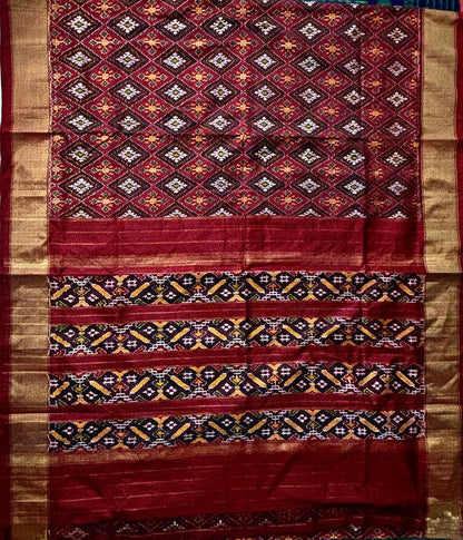 TRADITIONAL POCHAMPALLY IKKAT SILK DESIGNER PATOLA MAROON SARI - pochampallysarees.com