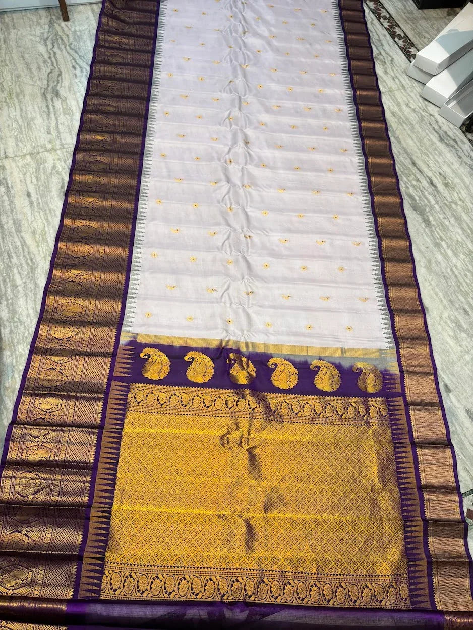 Pure Gadwal Silk Saree in Pearl White & Deep Purple | Rich Gold Zari Temple Border | Traditional Handloom Wedding Pattu Saree - pochampallysarees.com