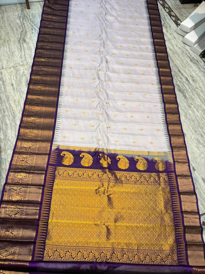 Pure Gadwal Silk Saree in Pearl White & Deep Purple | Rich Gold Zari Temple Border | Traditional Handloom Wedding Pattu Saree - pochampallysarees.com