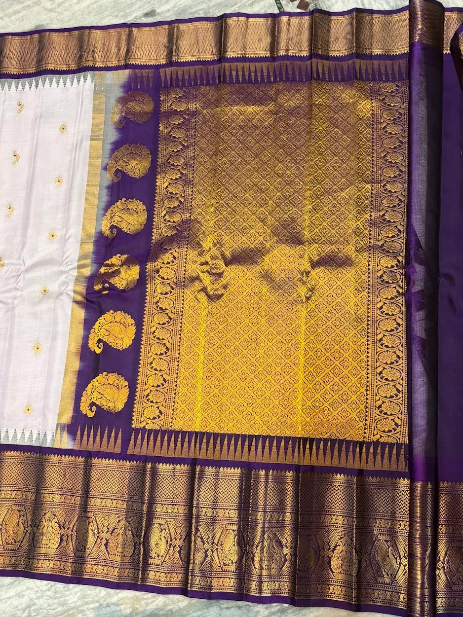 Pure Gadwal Silk Saree in Pearl White & Deep Purple | Rich Gold Zari Temple Border | Traditional Handloom Wedding Pattu Saree - pochampallysarees.com
