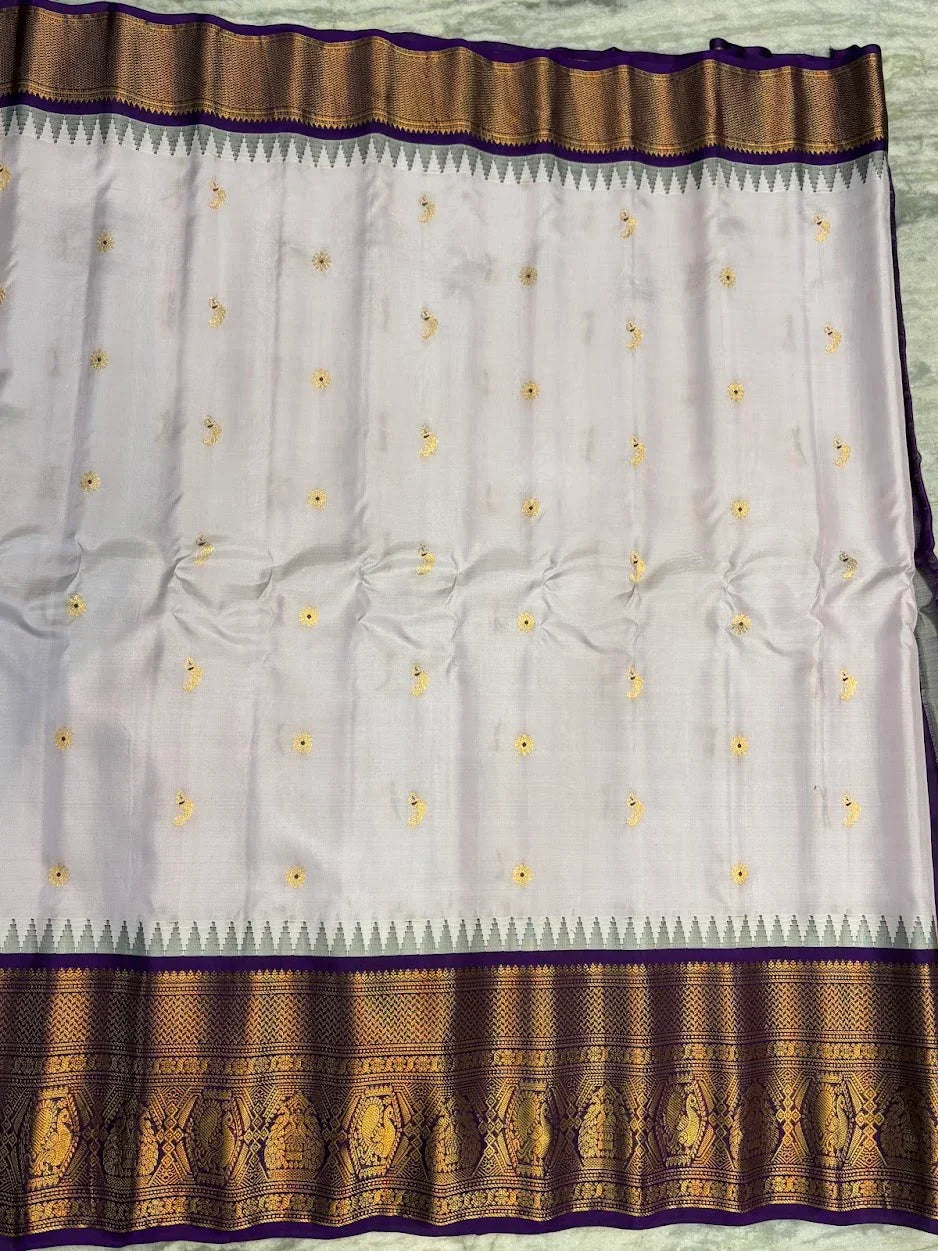 Pure Gadwal Silk Saree in Pearl White & Deep Purple | Rich Gold Zari Temple Border | Traditional Handloom Wedding Pattu Saree - pochampallysarees.com